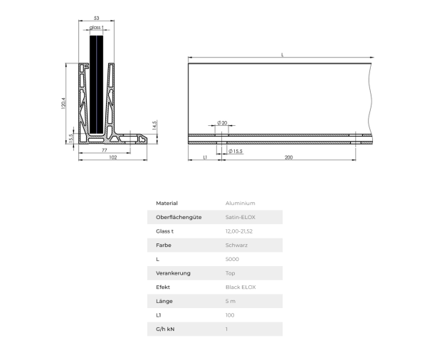 Aluminium Ganzglasgeländer L-Bodenprofil 5000mm 1,0kN ECO Glasgeländer Schwarz